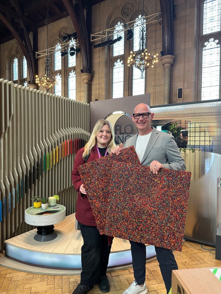 Lara collecting the first batch of 'B.15' type recycled acrylic sheet